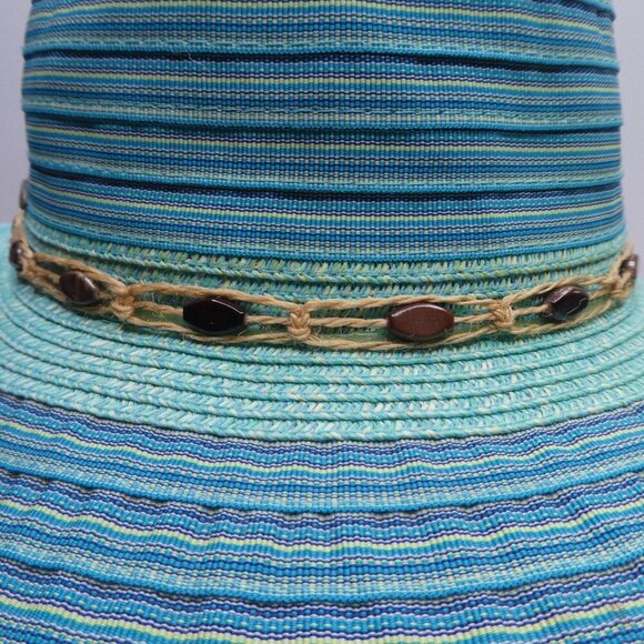 Scala Collezione Turquoise Blue Striped Wide Brim Floppy Paper Braid Hat Womens - Picture 6 of 8